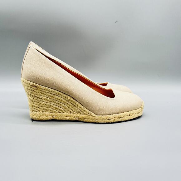 J Crew Shoes Womens 7 Beige Canvas Seville Wedge Espadrille Slip On Heels Summer - Picture 1 of 13